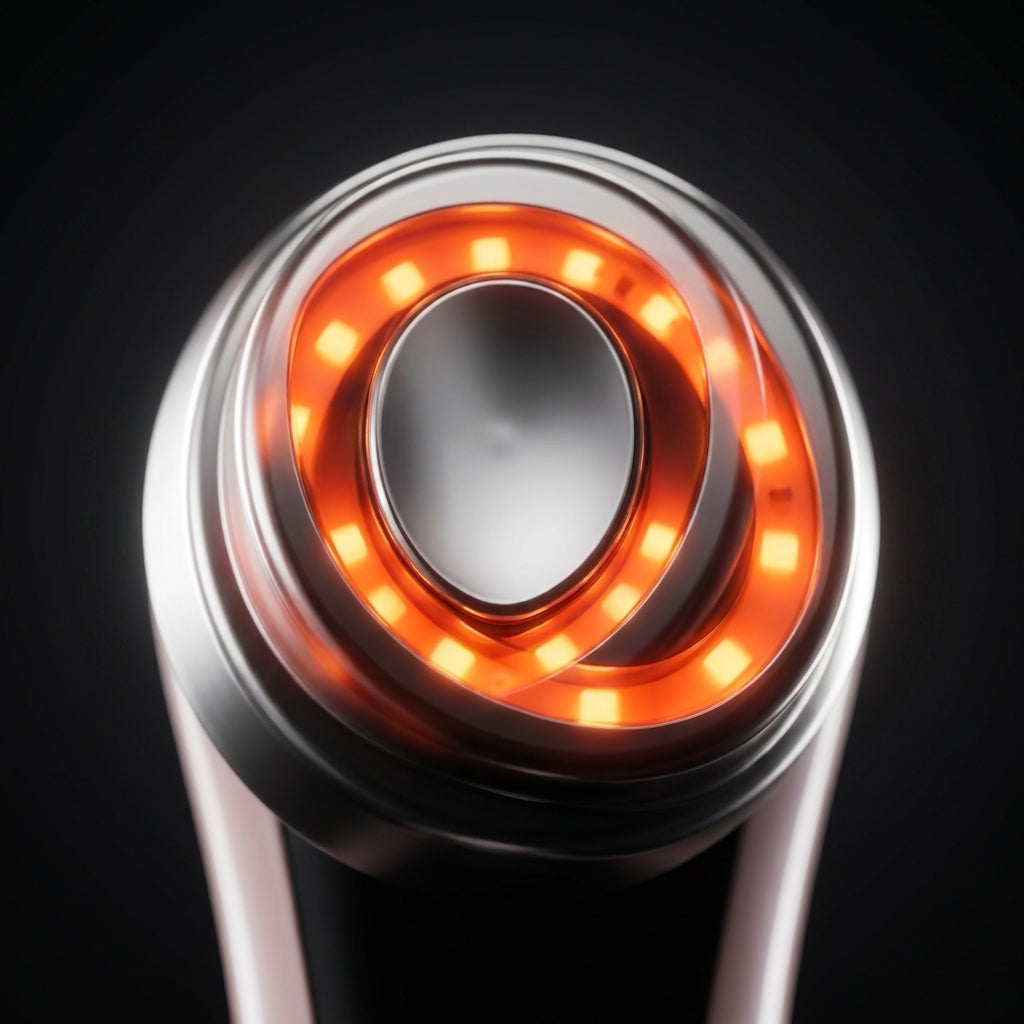 AVENYRA masajeador facial - detalle cabezal LED encendido