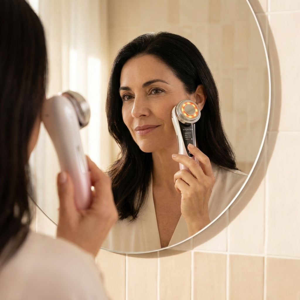 AVENYRA masajeador facial - mujer frente al espejo